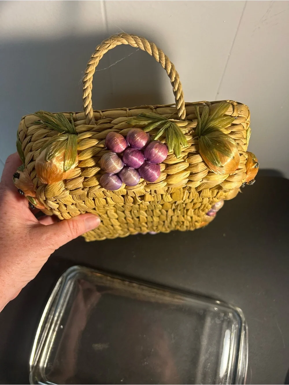 Vintage Pyrex casserole dish 3D fruit motif woven raffia basket